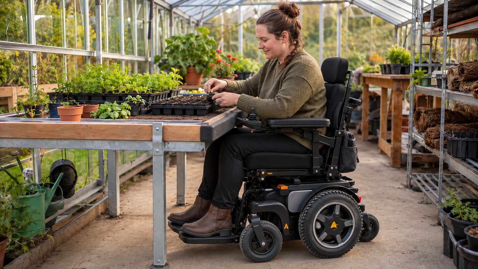 Illustrative close view of a wheelchair user tending plants at a raised greenhouse bed